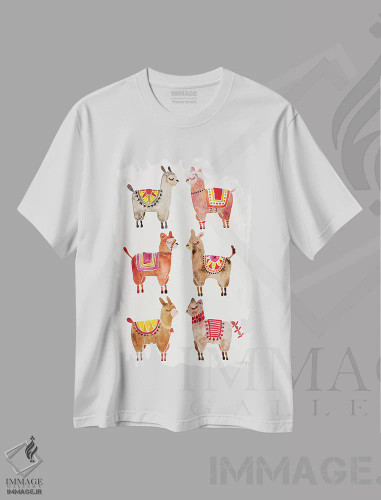 تیشرت سفید طرح دار آلپاکاها، دکور بوهمی اثر کت کوکیلت | فروشگاه ایماژ