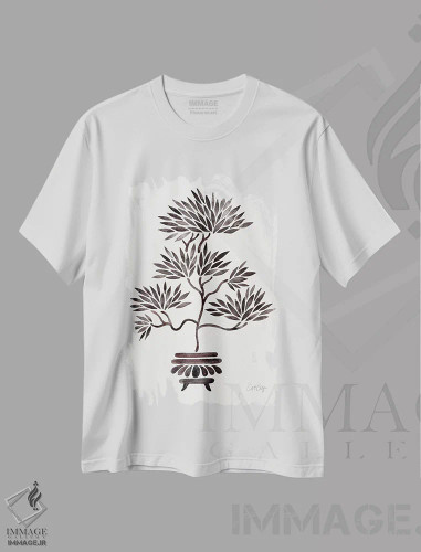 تیشرت سفید طرح دار بونسای سیاه، دکور آسیایی اثر کت کوکیلت | فروشگاه ایماژ