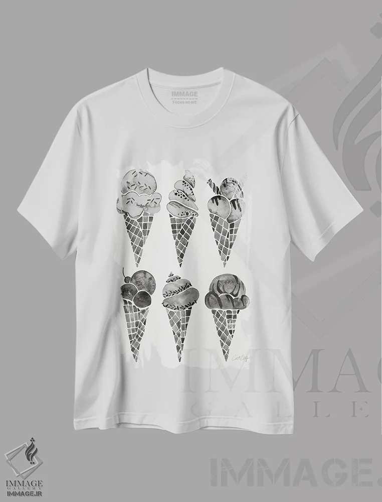 تیشرت سفید طرح دار بستنی قیفی سیاه، تزئینی اثر کت کوکیلت | فروشگاه ایماژ