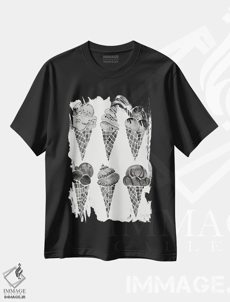 تیشرت مشکی طرح دار بستنی قیفی سیاه، تزئینی اثر کت کوکیلت | immage.ir
