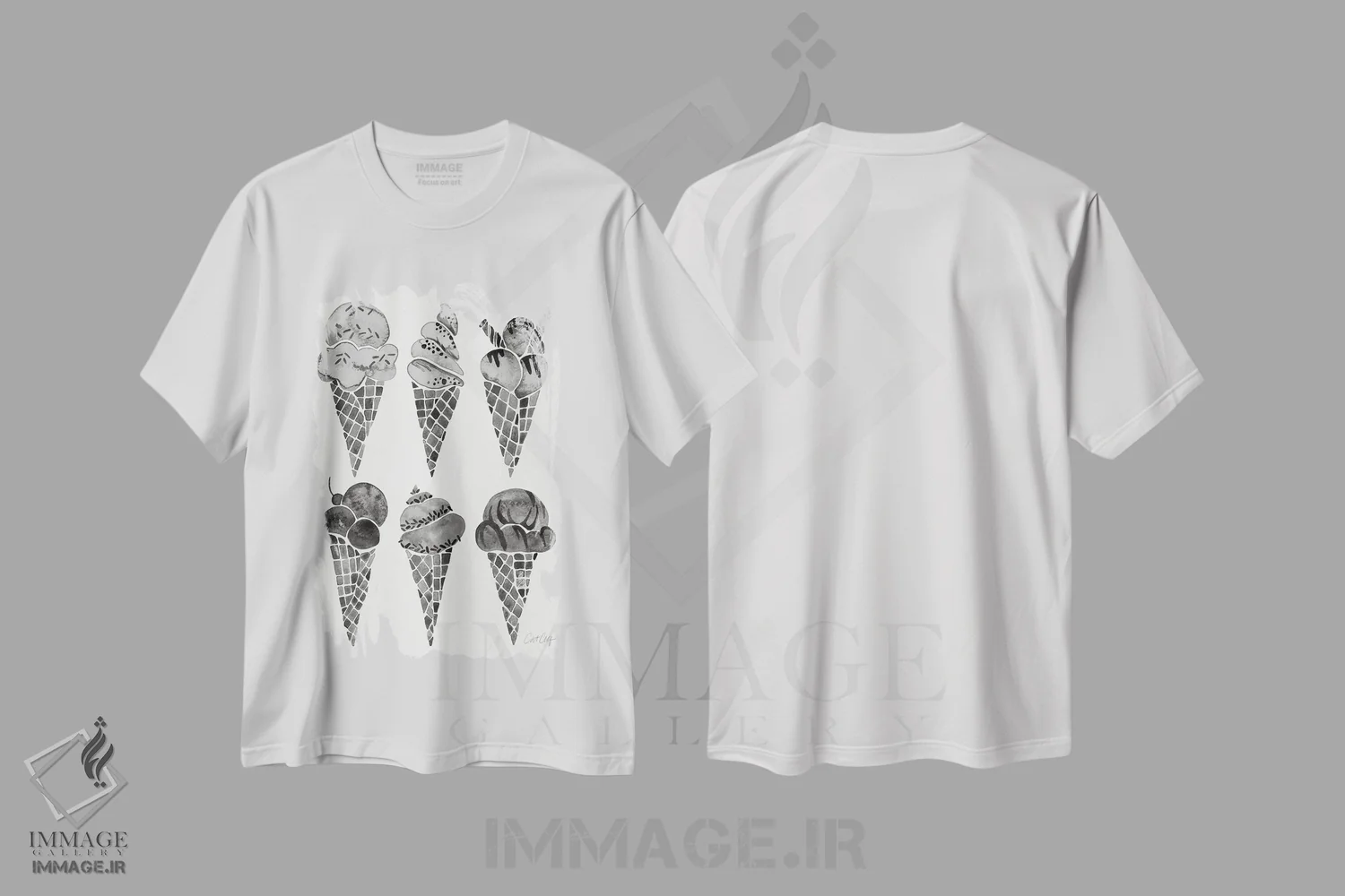 تیشرت سفید طرح دار بستنی قیفی سیاه، تزئینی اثر کت کوکیلت | فروشگاه ایماژ