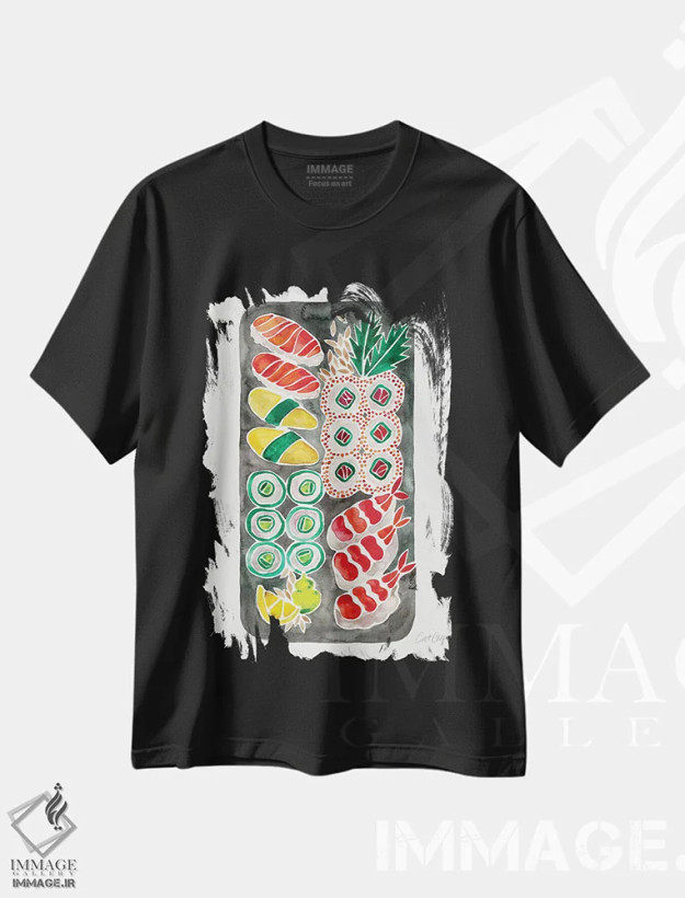 تیشرت مشکی طرح دار سوشی سیاه، دکور آسیایی اثر کت کوکیلت | فروشگاه ایماژ