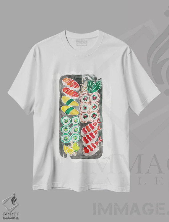 تیشرت سفید طرح دار سوشی سیاه، دکور آسیایی اثر کت کوکیلت | immage.ir
