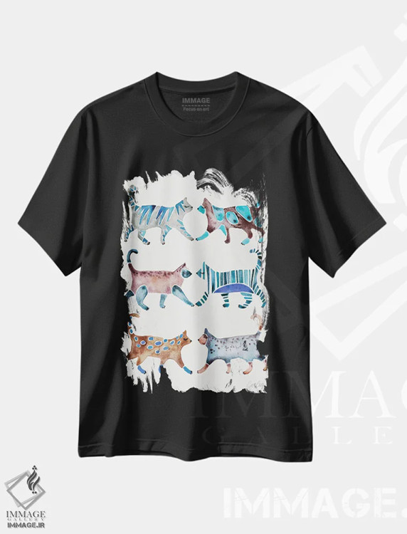 تیشرت مشکی طرح دار مجموعه گربه های آبی و قهوه ای، تزئینی اثر کت کوکیلت | فروشگاه ایماژ