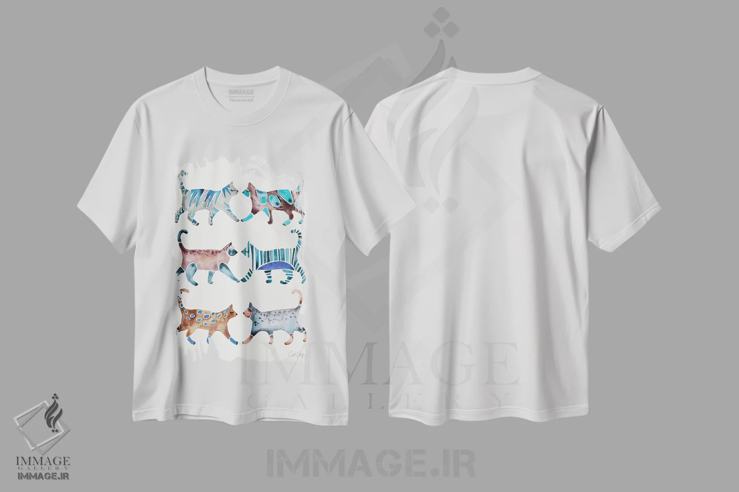 تیشرت سفید طرح دار مجموعه گربه های آبی و قهوه ای، تزئینی اثر کت کوکیلت | immage.ir