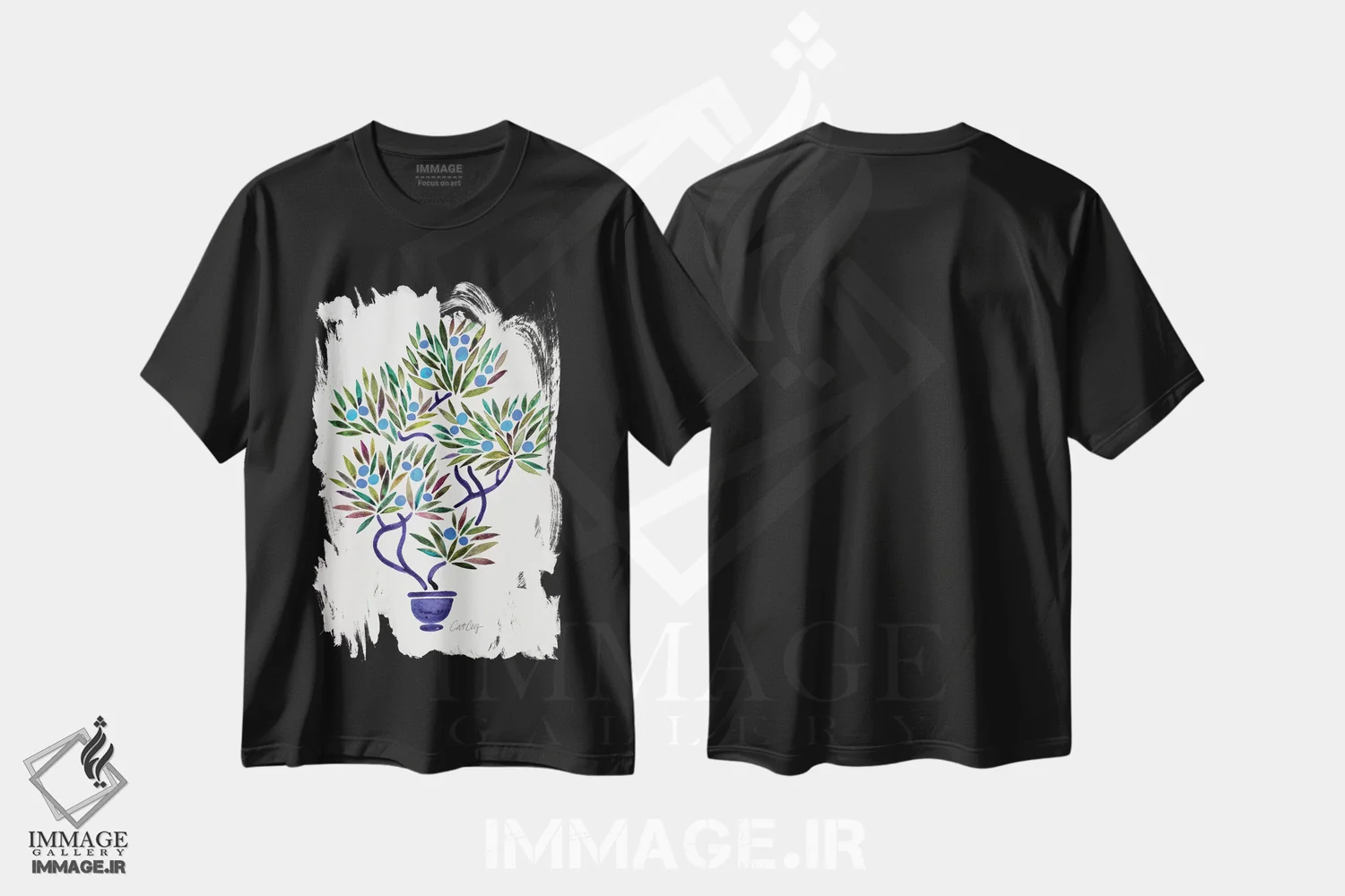 تیشرت مشکی طرح دار بونسای آبی و نارنجی، دکور آسیایی اثر کت کوکیلت | فروشگاه ایماژ