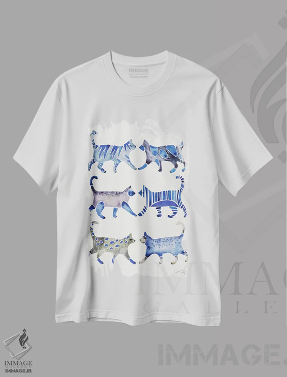 تیشرت سفید طرح دار مجموعه گربه های آبی، تزئینی اثر کت کوکیلت | فروشگاه ایماژ