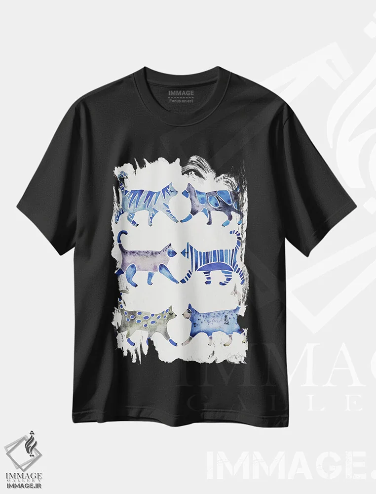 تیشرت مشکی طرح دار مجموعه گربه های آبی، تزئینی اثر کت کوکیلت | immage.ir