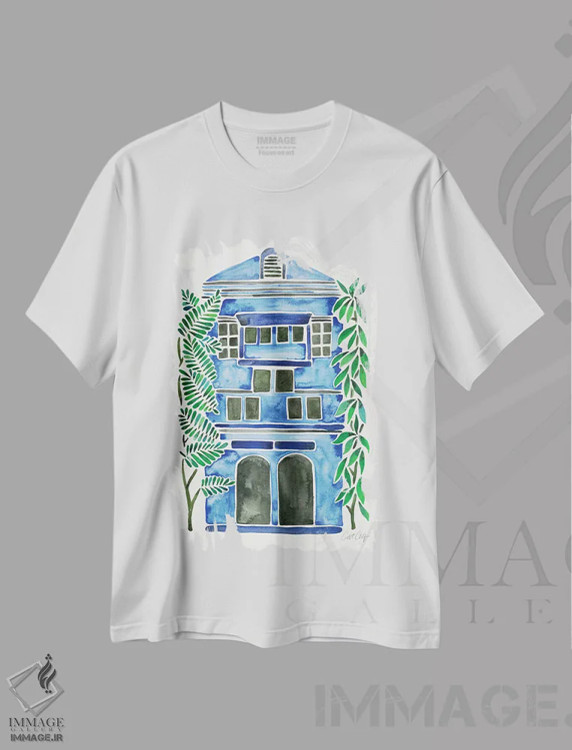 تیشرت سفید طرح دار خانه آبی، تزئینی اثر کت کوکیلت | فروشگاه ایماژ