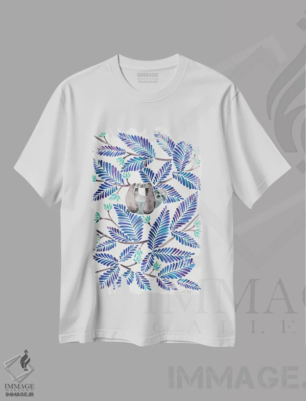 تیشرت سفید طرح دار تنبل آبی، دکور بوهمی اثر کت کوکیلت | فروشگاه ایماژ
