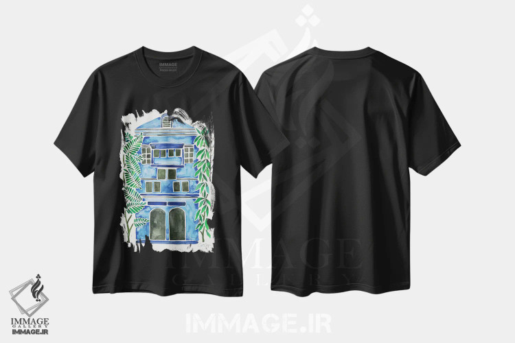 تیشرت مشکی طرح دار خانه آبی، تزئینی اثر کت کوکیلت | immage.ir