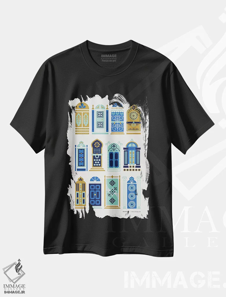 تیشرت مشکی طرح دار درب های آبی برنزه، تزئینی اثر کت کوکیلت | فروشگاه ایماژ