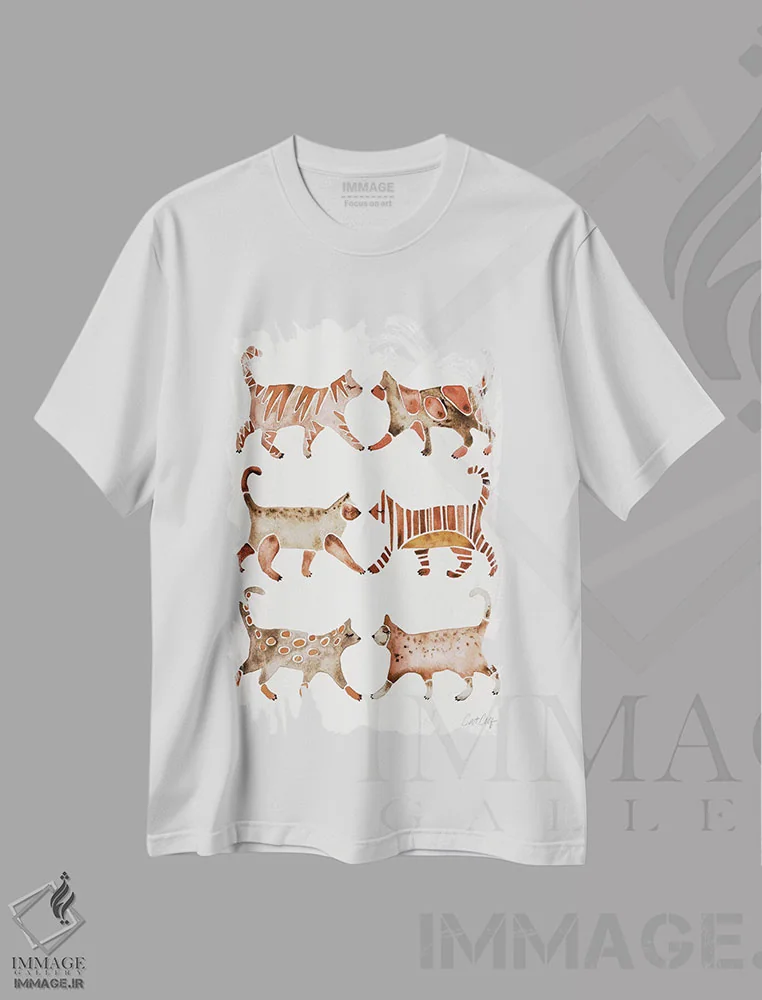 تیشرت سفید طرح دار مجموعه گربه های قهوه ای، تزئینی اثر کت کوکیلت | فروشگاه ایماژ