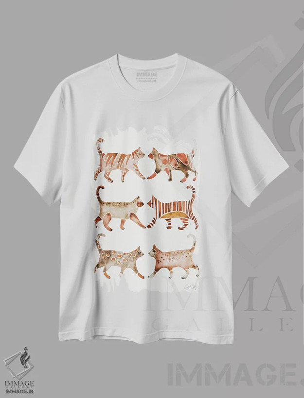 تیشرت سفید طرح دار مجموعه گربه های قهوه ای، تزئینی اثر کت کوکیلت | فروشگاه ایماژ