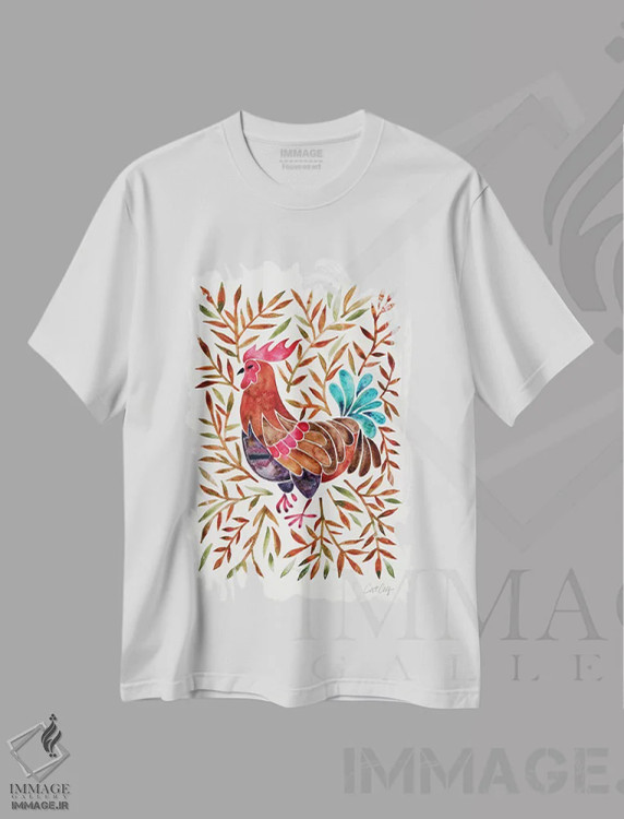 تیشرت سفید طرح دار خروس با برگ های قهوه ای، تزئینی اثر کت کوکیلت | immage.ir