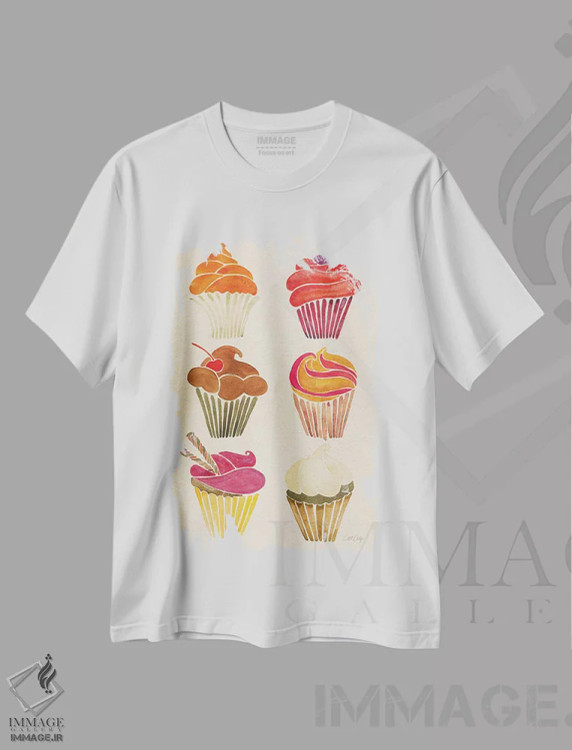 تیشرت سفید طرح دار کاپ کیک ها، تزئینی اثر کت کوکیلت | فروشگاه ایماژ
