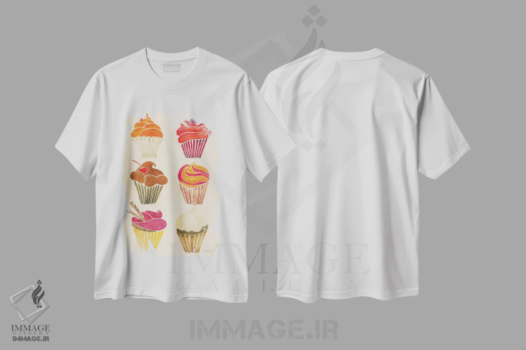تیشرت سفید طرح دار کاپ کیک ها، تزئینی اثر کت کوکیلت | فروشگاه ایماژ