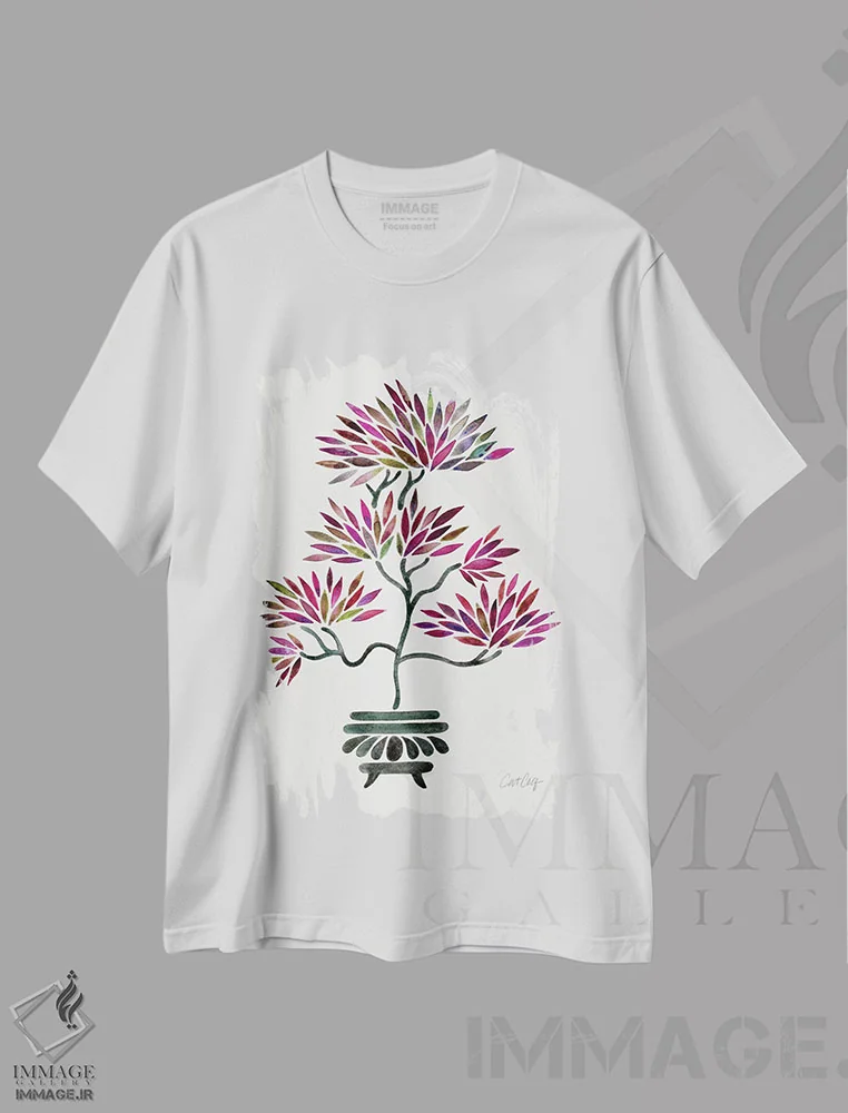 تیشرت سفید طرح دار بونسای صورتی پررنگ، تزئینی اثر کت کوکیلت | فروشگاه ایماژ