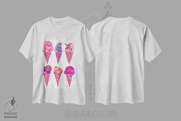 تیشرت سفید طرح دار بستنی قیفی صورتی پررنگ، تزئینی اثر کت کوکیلت | immage.ir