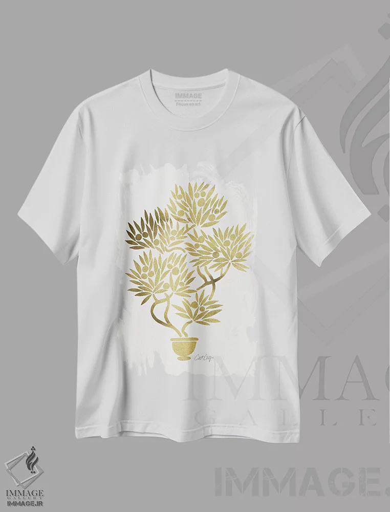 تیشرت سفید طرح دار میوه بونسای طلایی، تزئینی اثر کت کوکیلت | فروشگاه ایماژ