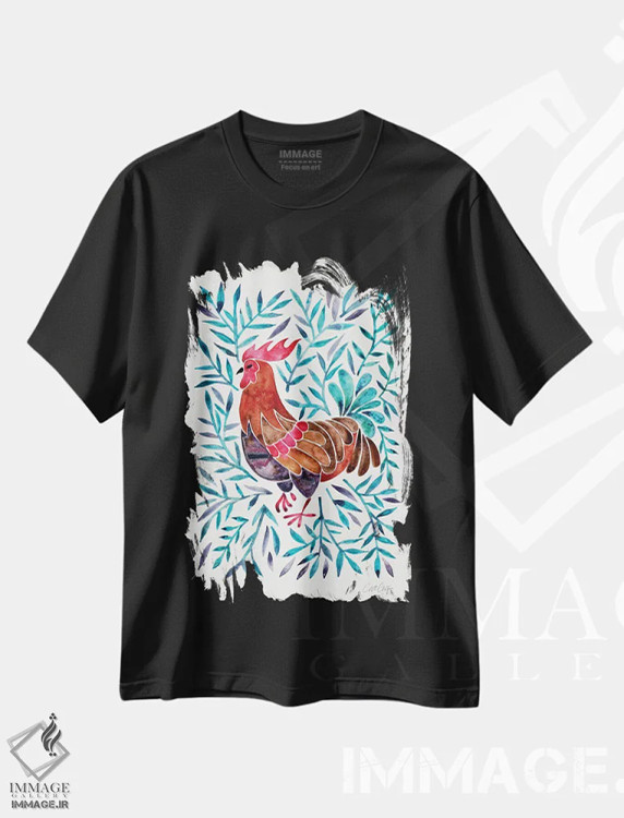 تیشرت مشکی طرح دار خروس با برگ های سبز، تزئینی اثر کت کوکیلت | immage.ir