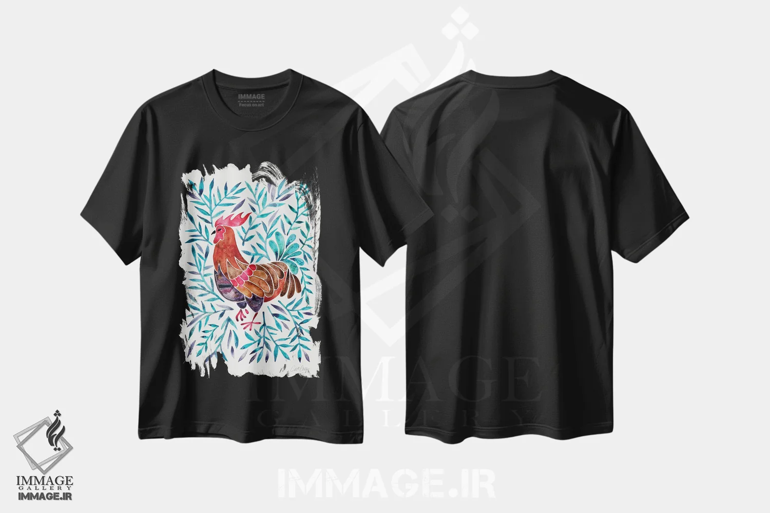 تیشرت مشکی طرح دار خروس با برگ های سبز، تزئینی اثر کت کوکیلت | immage.ir