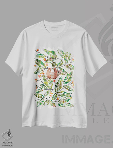 تیشرت سفید طرح دار تنبل سبز، دکور بوهمی اثر کت کوکیلت | فروشگاه ایماژ
