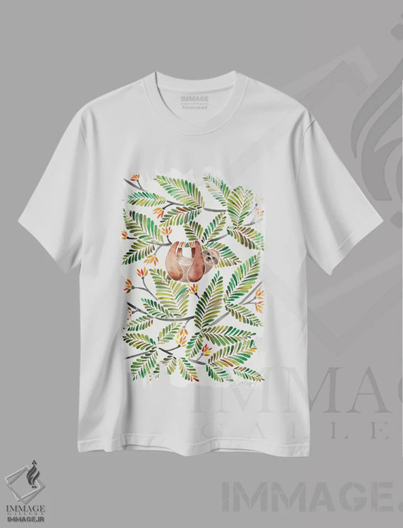 تیشرت سفید طرح دار تنبل سبز، دکور بوهمی اثر کت کوکیلت | فروشگاه ایماژ