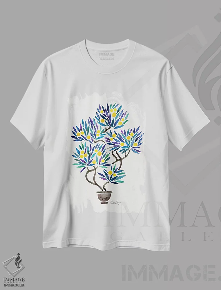 تیشرت سفید طرح دار بونسای لیمویی و نارنجی، دکور بوهمی اثر کت کوکیلت | فروشگاه ایماژ