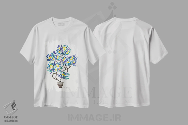 تیشرت سفید طرح دار بونسای لیمویی و نارنجی، دکور بوهمی اثر کت کوکیلت | فروشگاه ایماژ