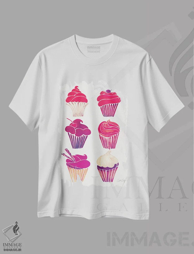 تیشرت سفید طرح دار کاپ کیک های ارغوانی، تزئینی اثر کت کوکیلت | فروشگاه ایماژ