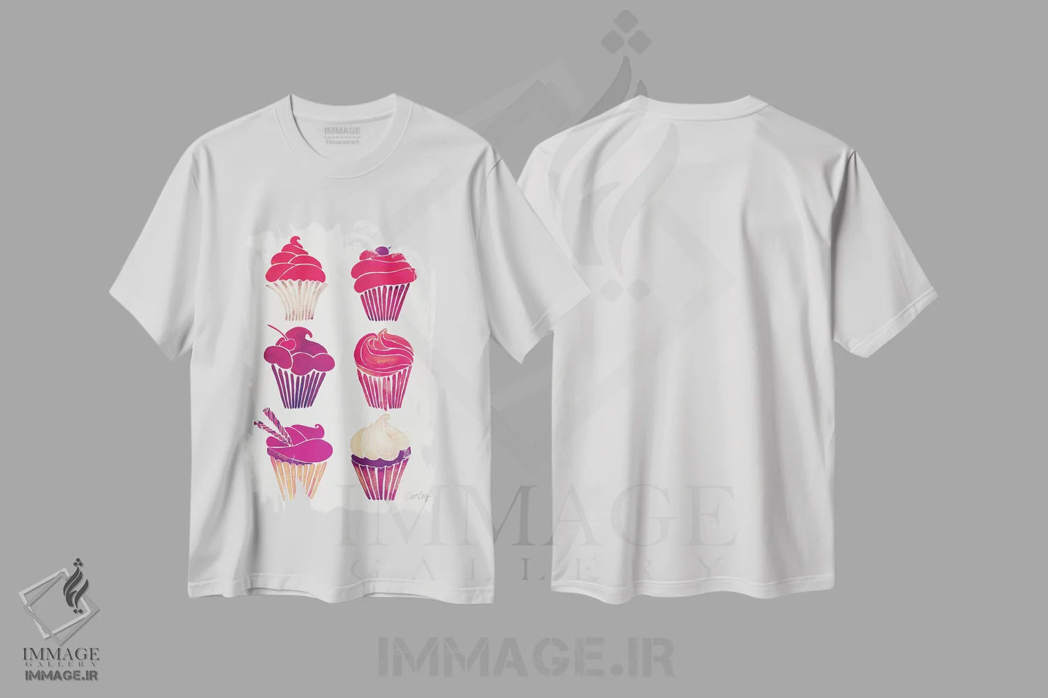 تیشرت سفید طرح دار کاپ کیک های ارغوانی، تزئینی اثر کت کوکیلت | فروشگاه ایماژ