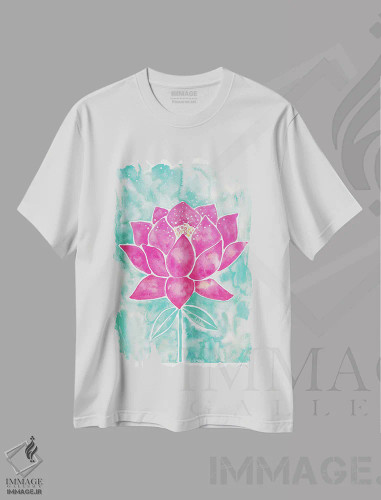 تیشرت سفید طرح دار شکوفه نیلوفر با زمینه نعناعی و صورتی، تزئینی اثر کت کوکیلت | فروشگاه ایماژ