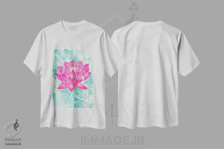 تیشرت سفید طرح دار شکوفه نیلوفر با زمینه نعناعی و صورتی، تزئینی اثر کت کوکیلت | فروشگاه ایماژ