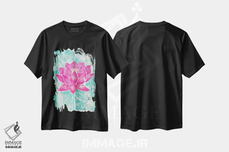 تیشرت مشکی طرح دار شکوفه نیلوفر با زمینه نعناعی و صورتی، تزئینی اثر کت کوکیلت | immage.ir