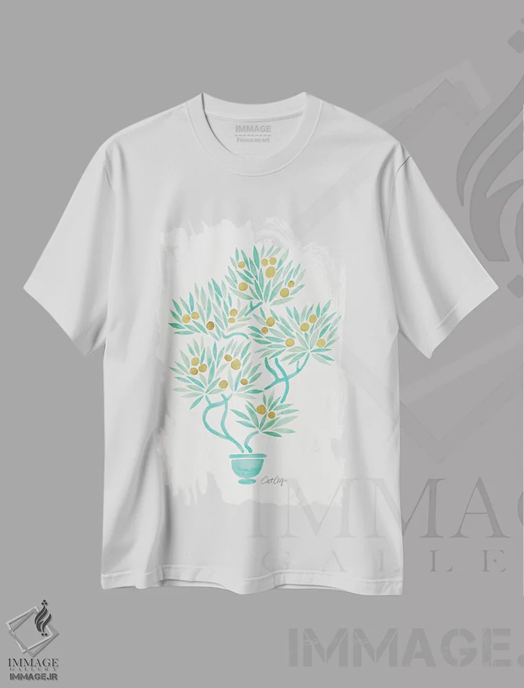 تیشرت سفید طرح دار بونسای نعناعی و نارنجی، دکور آسیایی اثر کت کوکیلت | فروشگاه ایماژ