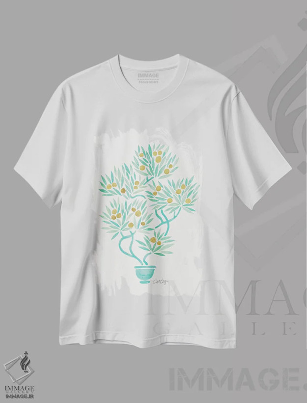تیشرت سفید طرح دار بونسای نعناعی و نارنجی، دکور آسیایی اثر کت کوکیلت | فروشگاه ایماژ