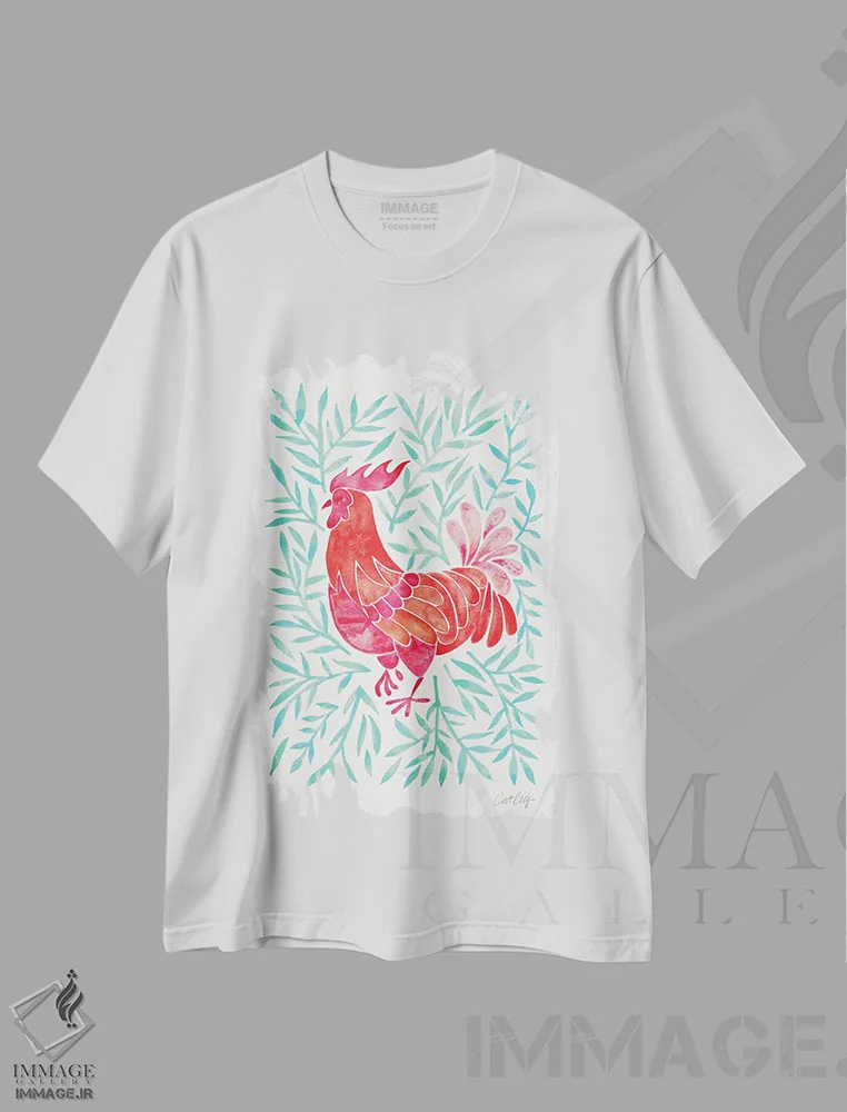 تیشرت سفید طرح دار خروس نعناعی و قرمز، تزئینی اثر کت کوکیلت | immage.ir