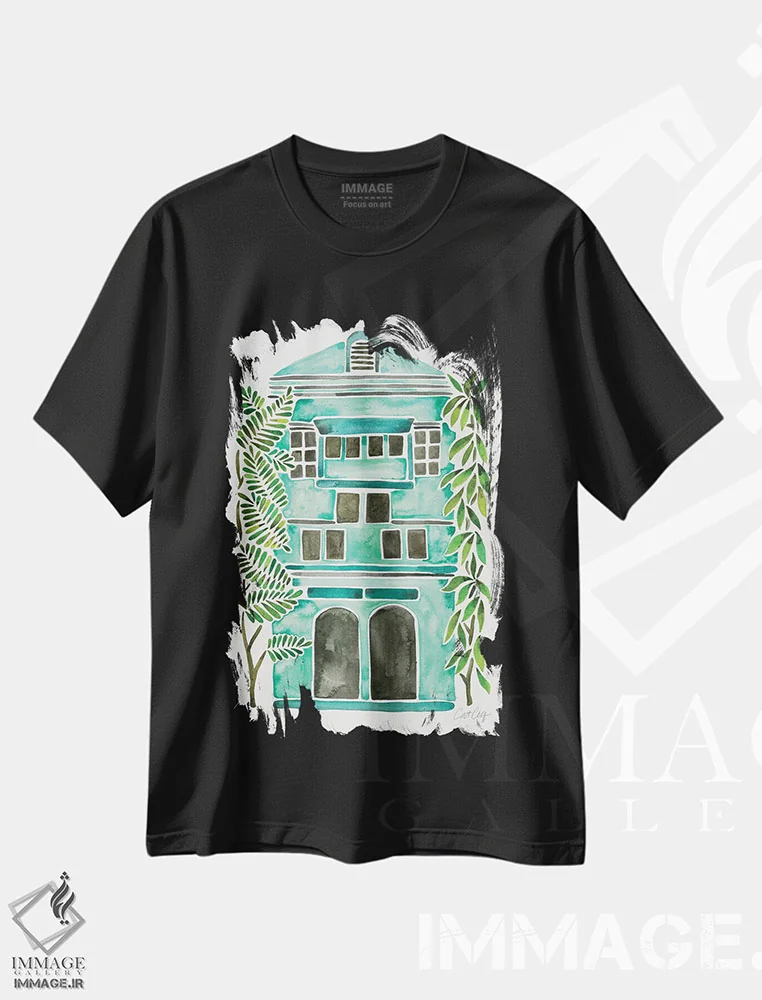 تیشرت مشکی طرح دار خانه نعناعی، تزئینی اثر کت کوکیلت | فروشگاه ایماژ