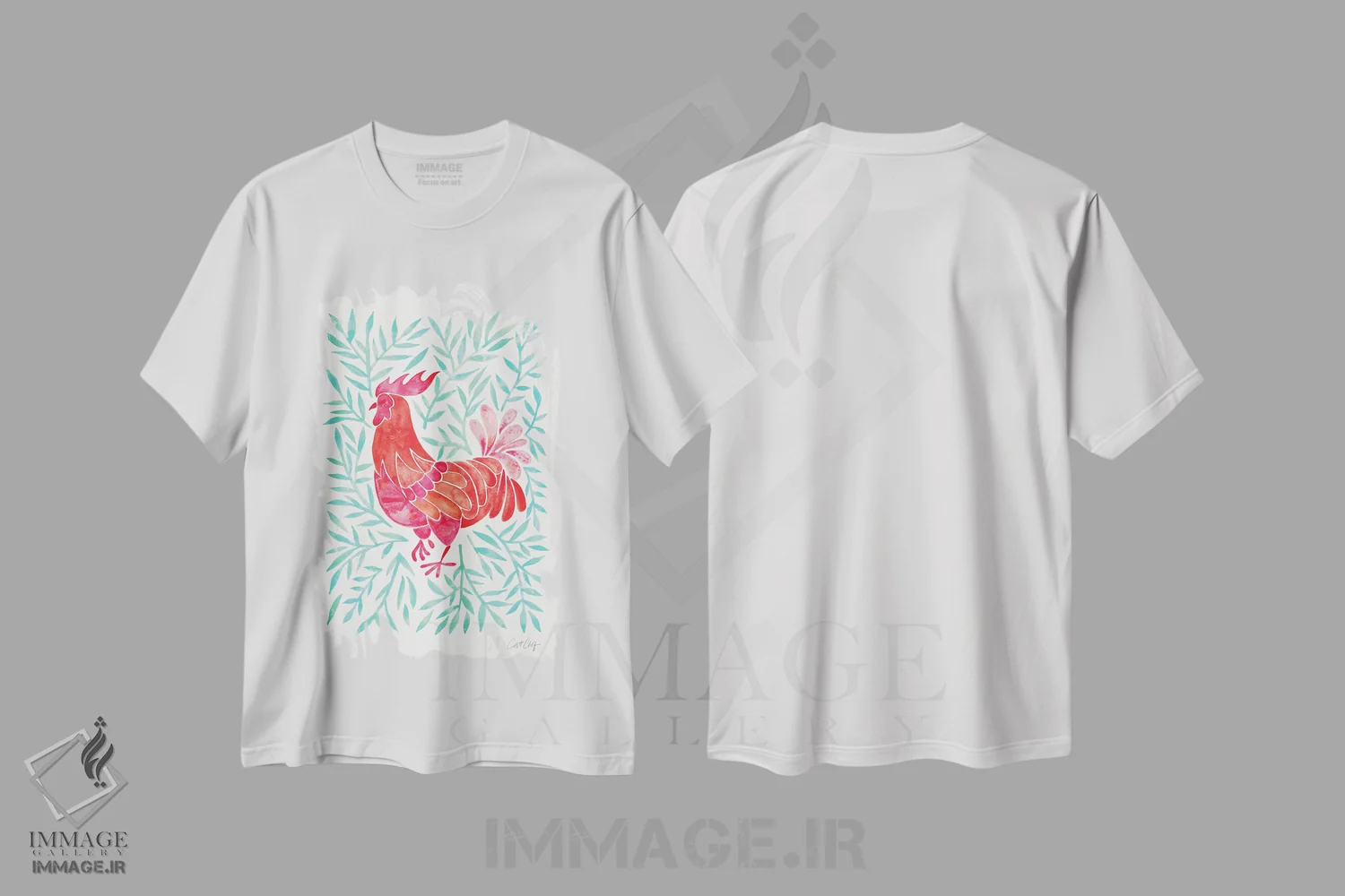 تیشرت سفید طرح دار خروس نعناعی و قرمز، تزئینی اثر کت کوکیلت | immage.ir
