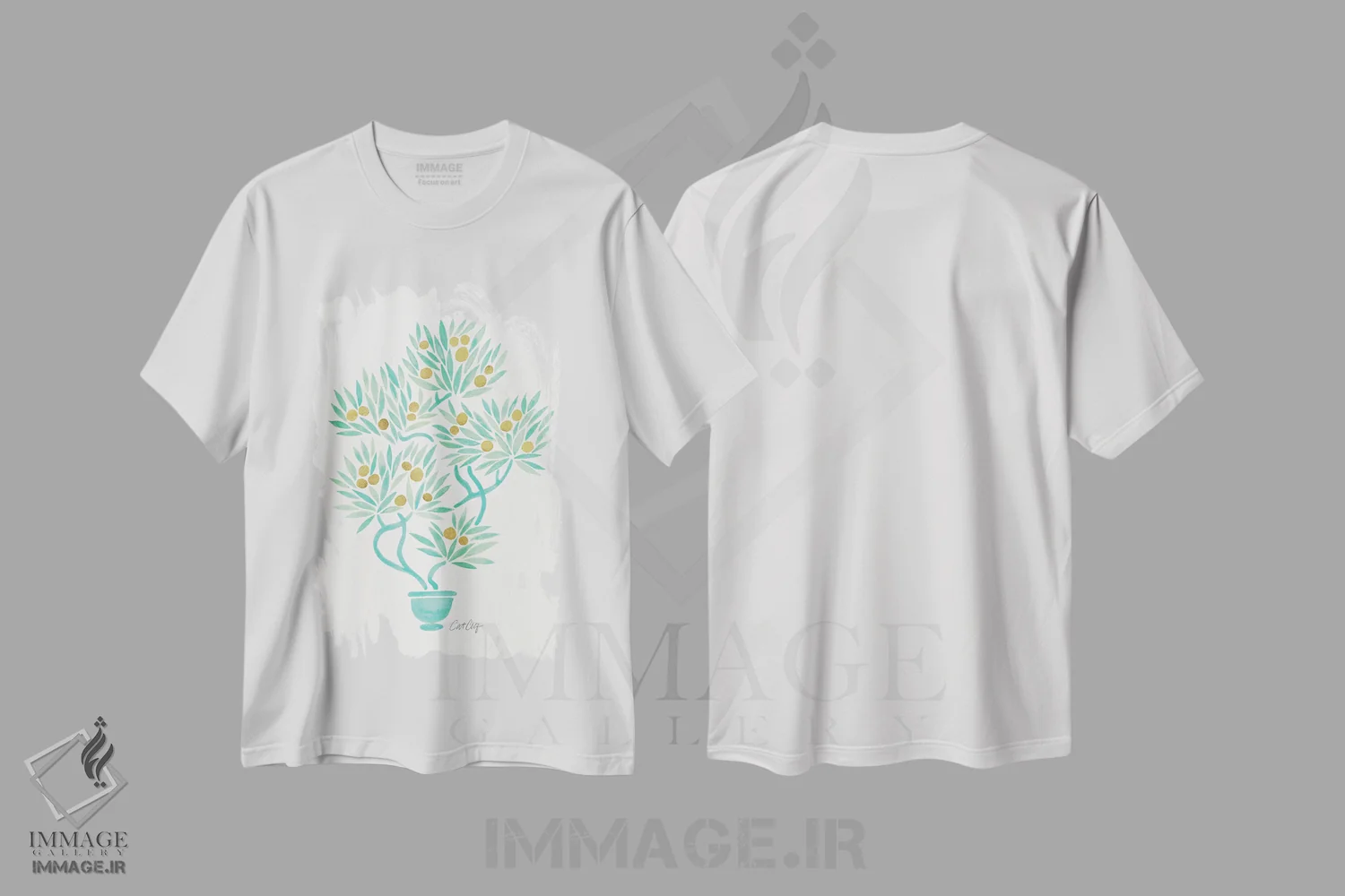 تیشرت سفید طرح دار بونسای نعناعی و نارنجی، دکور آسیایی اثر کت کوکیلت | فروشگاه ایماژ