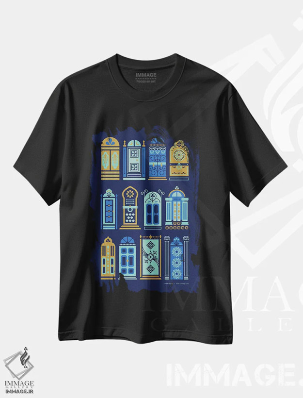 تیشرت مشکی طرح دار درب های سرمه ای، تزئینی اثر کت کوکیلت | فروشگاه ایماژ