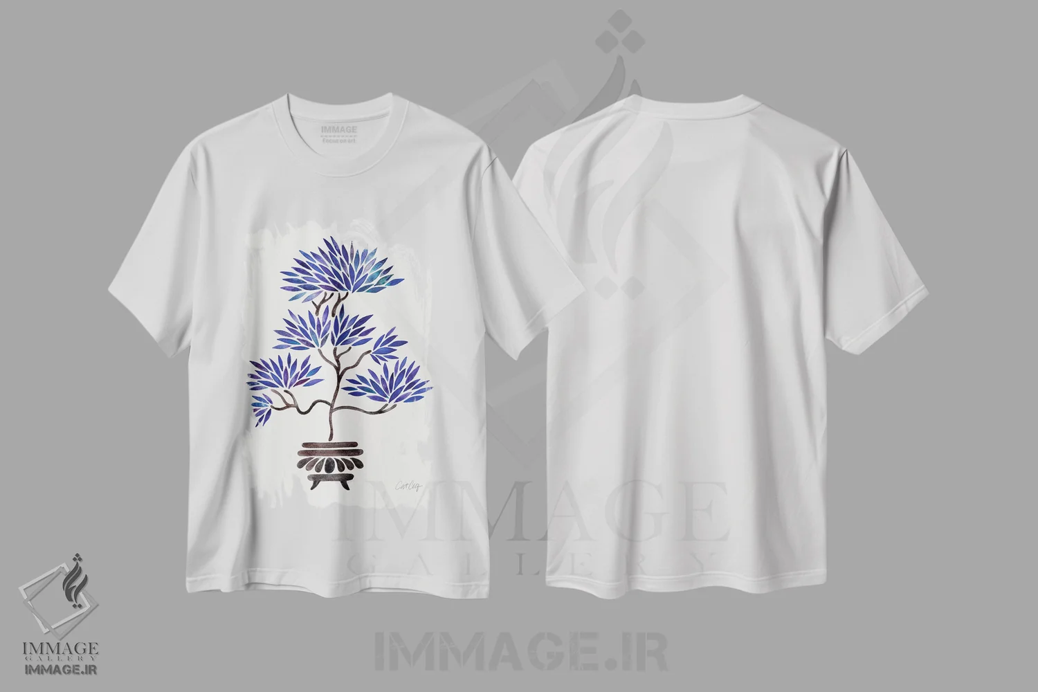 تیشرت سفید طرح دار بونسای سرمه ای، تزئینی اثر کت کوکیلت | فروشگاه ایماژ