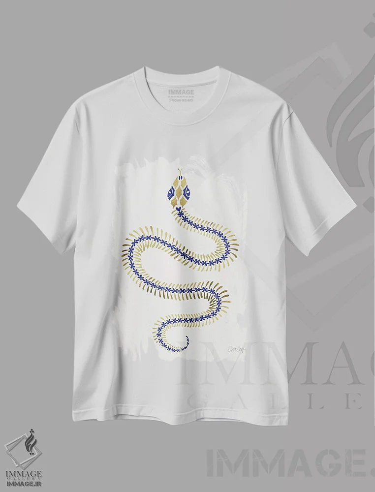 تیشرت سفید طرح دار اسکلت مار طلایی و سرمه ای، تزئینی اثر کت کوکیلت | فروشگاه ایماژ