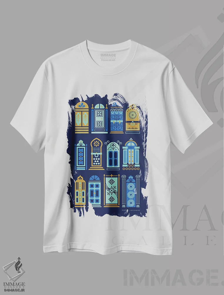 تیشرت سفید طرح دار درب های سرمه ای، تزئینی اثر کت کوکیلت | immage.ir