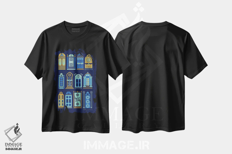 تیشرت مشکی طرح دار درب های سرمه ای، تزئینی اثر کت کوکیلت | فروشگاه ایماژ
