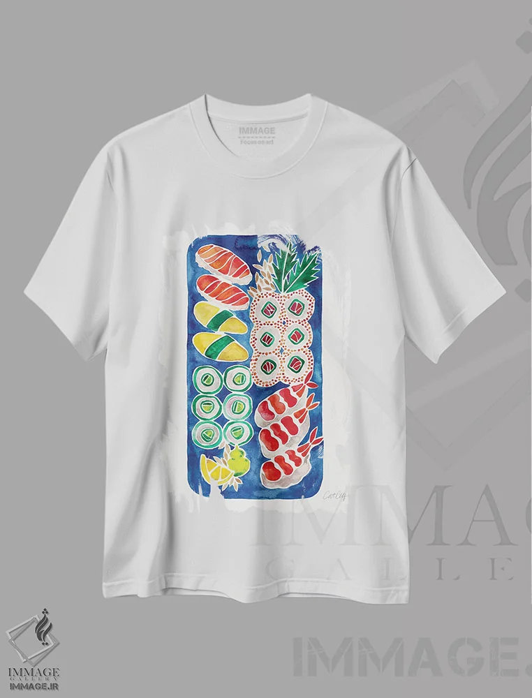 تیشرت سفید طرح دار سوشی سرمه ای، دکور آسیایی اثر کت کوکیلت | فروشگاه ایماژ