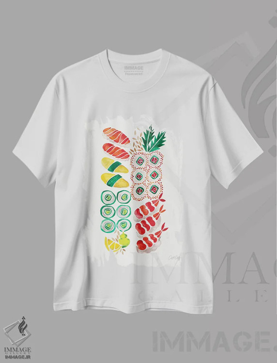 تیشرت سفید طرح دار سوشی بدون سینی، دکور آسیایی اثر کت کوکیلت | immage.ir