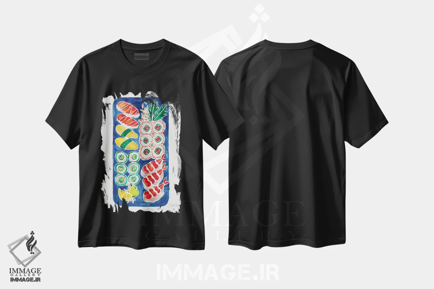 تیشرت مشکی طرح دار سوشی سرمه ای، دکور آسیایی اثر کت کوکیلت | immage.ir
