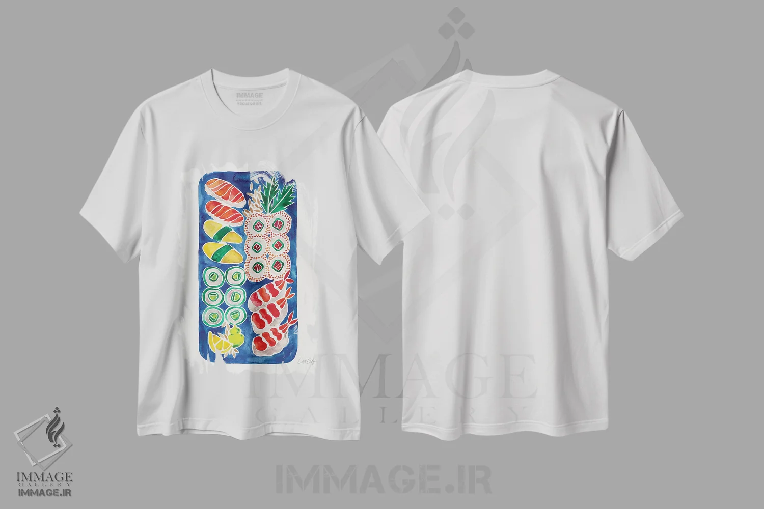 تیشرت سفید طرح دار سوشی سرمه ای، دکور آسیایی اثر کت کوکیلت | فروشگاه ایماژ